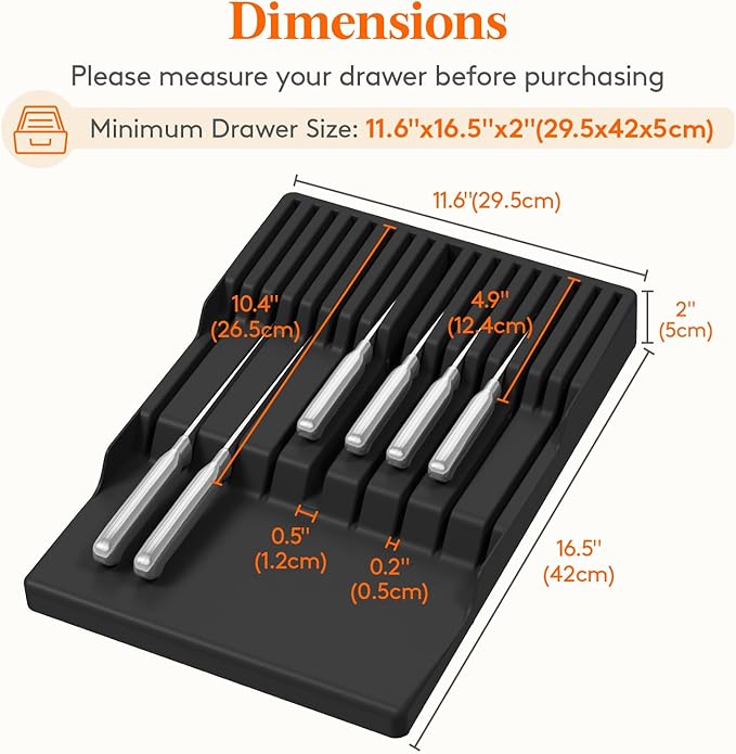 Lifewit Magnetic Drawer Knife Organizers Insert, Kitchen Plastic In Drawer Knife Block Slots, Steak Chefs Knives Holder Storage for 16 Knives and 1 Sharpening Steel, Extra Large, Black, 16.5"/42 cm(W)