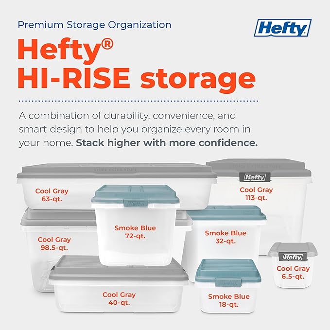 Hefty 72 Qt Hi-Rise Storage Bin with Lid, Stackable Plastic Storage Container, Organizer for Home, Garage & Closet, 6 Pack, Gray