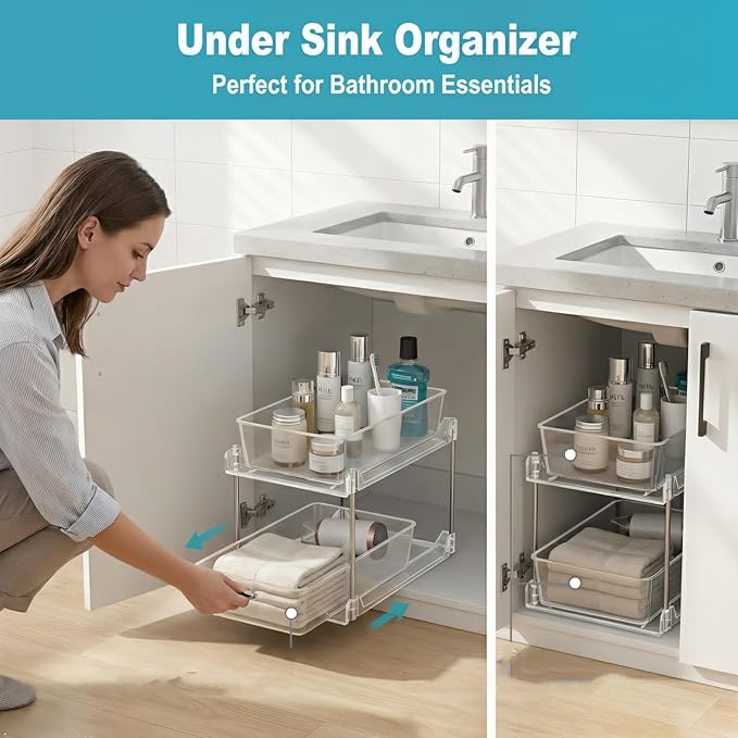 2 Pack Bathroom Organizers and Storage,2-Tier Clear Under Sink and Pull-Out Cabinet Organizer with Track for Kitchen, Pantry,Vanity Countertop,Medicine Cabinet,Closet Drawers Bins
