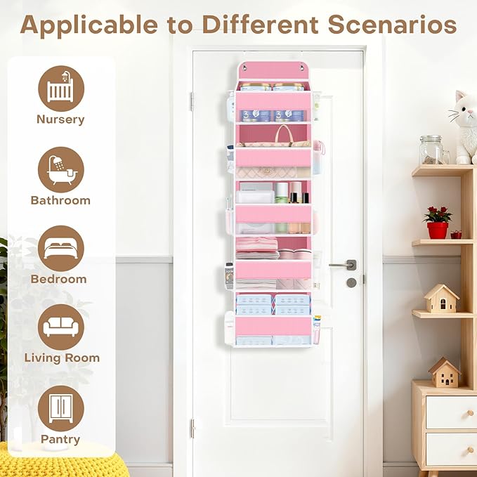 SpaceWhisper Over the Door Organizer, 5 Large Pocket Hanging Storage Organizer with 40lb Capacity, Space Saving for Nursery, Bathroom, Bedroom, Closet - Baby Essentials & Toiletry Organizer (Pink)