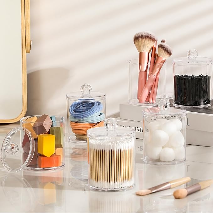 2 Pack Acrylic Qtip Holder Dispenser for Cotton Swabs, Balls, Pads, Floss Picks- Small Clear Plastic Canister Apothecary Jar Set, Bathroom Essentials Accessories Decor, Vanity Makeup Storage Organizer