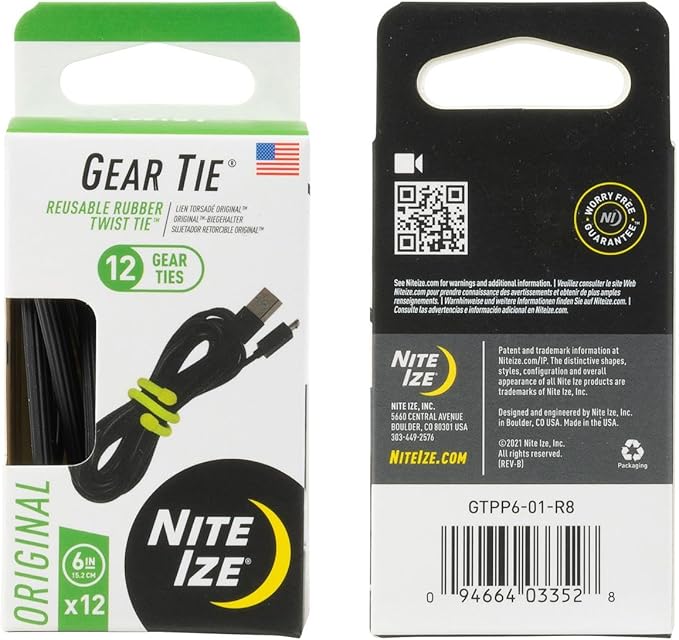 Nite Ize Original Gear Tie - 6-Inch Reusable Rubber Twist Tie - Reusable Gear Ties - Electric Cord Organizers - Twist Ties for Cords - Reusable Zip Ties - Black, 6-Inch, 12 Pack