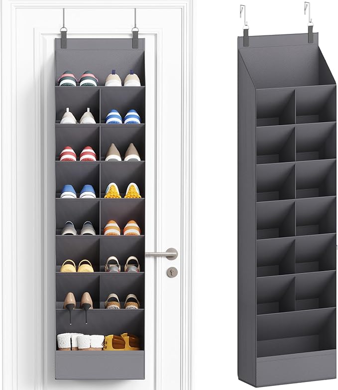 8 Tier Over the Door Shoe Organizer with 15 Large Deep Pockets, Gray