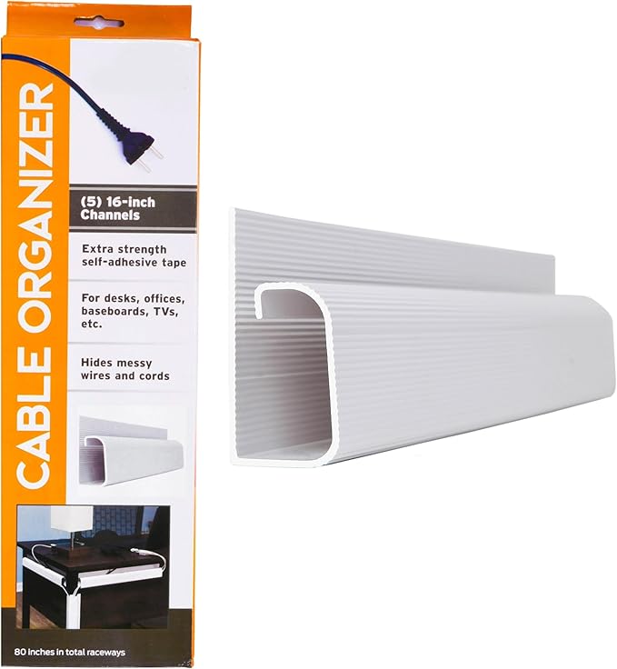 Simple Cord 5 Pack of 16-Inch J Channel Cable Management Under Desk - Easy to Install Adhesive Mount Cord Organizer for Desk, Home Office, No-Drill Wall Cable Organizer (White)