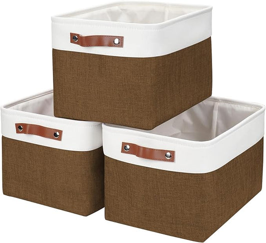 Storage Bins Large Fabric Storage Baskets for Shelves 3 Pack, Brown&White