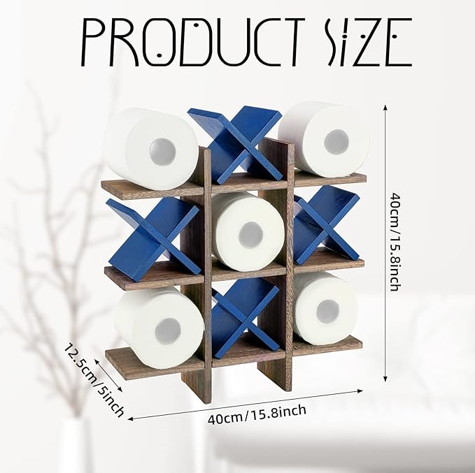 Weysat Tic Tac Toe Toilet Paper Holder Stand Bathroom Wall Decor Rustic Wooden Hanging Storage Freestanding Wall Mounted Shelves Decor for Toilet Tissue Farmhouse