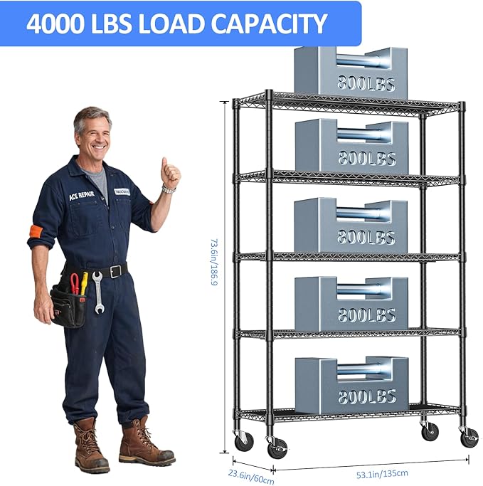 Heavy Duty Garage Shelving, 5 Tier Wide Metal Storage Shelf Rack