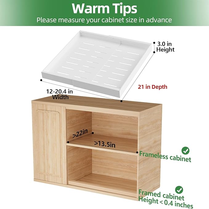 PAKETA 1 Pack Expandable Pull Out Cabinet Organizer, 21'' Deep Pull Out Drawers for Cabinets, Upgrade 3 Slide Rails Sliding Drawers for Cabinet with Adhesive Nano Film (White)