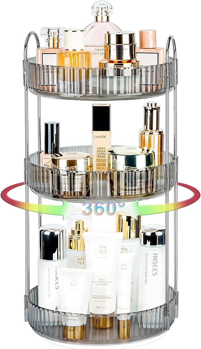 360 Rotating Makeup Organizer, Classic Grey, 3 Tier