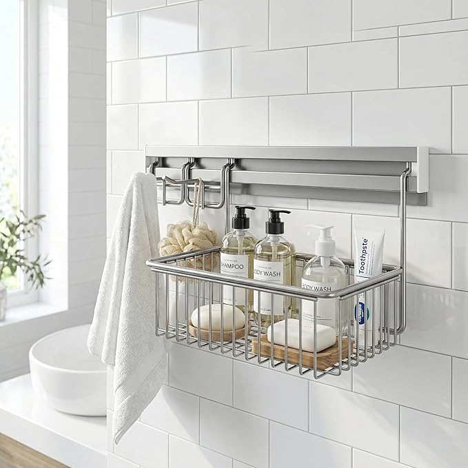 Premium Shower Caddy,Adhesive Wall Organizer Storage Basket ,Wall Mounted Shelves Shower Caddy Modern Home Style for Home Kitchen Bathroom, Storage Rack with Removable Basket & Hooks,Machine Washable