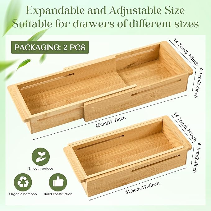 LemonRoad 2 Pcs Sliding Drawer Organizer Bin Bamboo Drawer Expandable Bins Utensil Organizer for Kitchen Spoons Forks Knives (Wood)