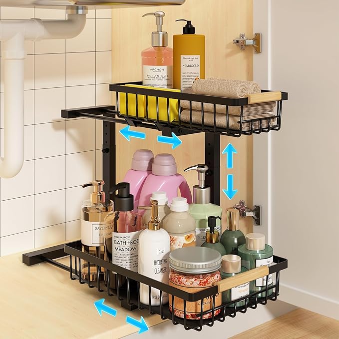 REALINN Under Sink Organizer, Height Adjustable 2 Tier Pull Out Cabinet Storage, L-Shaped Drawer Organizer for Kitchen Sink Organizer, Bathroom Organizers and Storage, Smooth Sliding Rails, Black