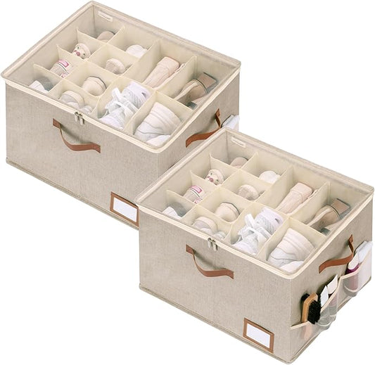 StorageWorks Shoe Organizer for Closet, 2 Pack Shoe Storage Boxes with Clear Lid, Stackable Shoe Storage Organizer for Sandals and Slippers, Fabric Shoe Bins for Closet, Holds 16–32 Pairs, Taupe