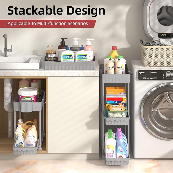 Sevenblue Under Sink Organizer, Bathroom Organizers and Storage, 2 Tier Multi-Use Pull Out Cabinet Organizer with Hang Hooks and Cups (Gray, 4 Pack)
