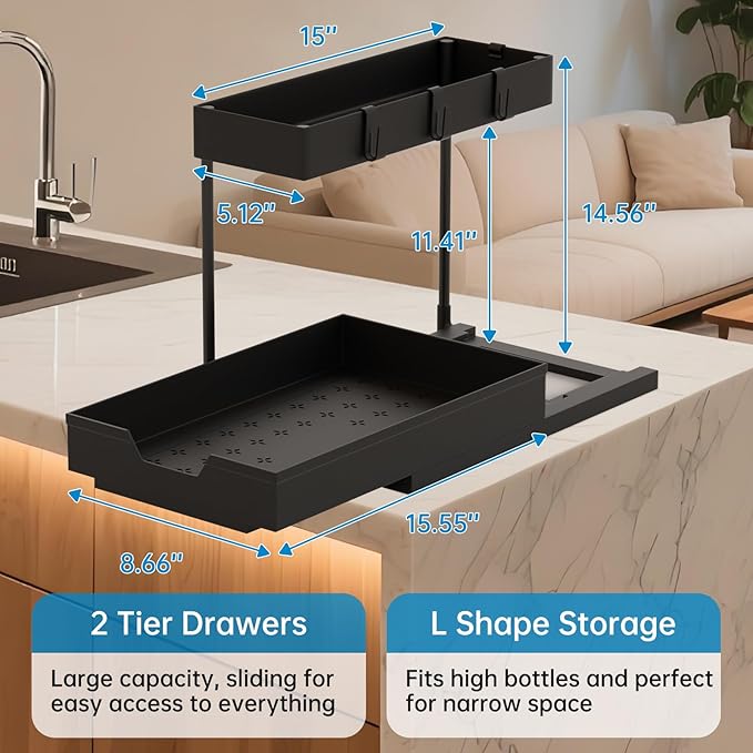 SOURCE 2 Pack Under Sink Organizer 2 Tier Sliding Cabinet Organizers