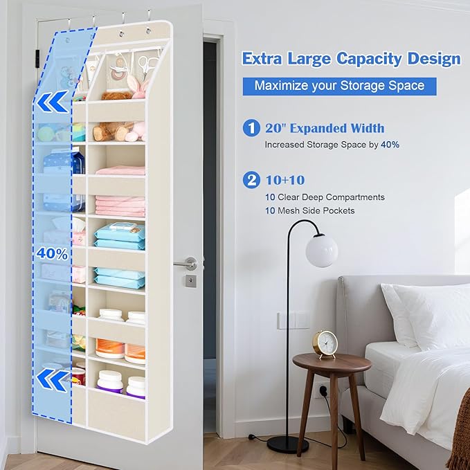 Univivi 6-Shelf Over Door Hanging Organizer Fabric Door Storage with 10 Large Pockets and 4 Small PVC Pockets Closet Cabinet Wall Mount Hanging Storage Organizers for Baby Nursery (Beige Pattern)