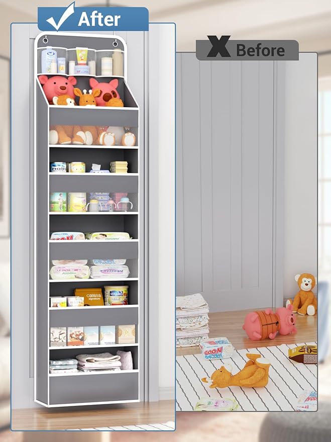 Over Door Organizer for Bedroom,Nursery,Bathroom,Dorm,Pantry, Closet - 5 Tier 44 lb Load Behind Door Storage, Back of Door Hanging Holder Bag - 1 Pack,Grey