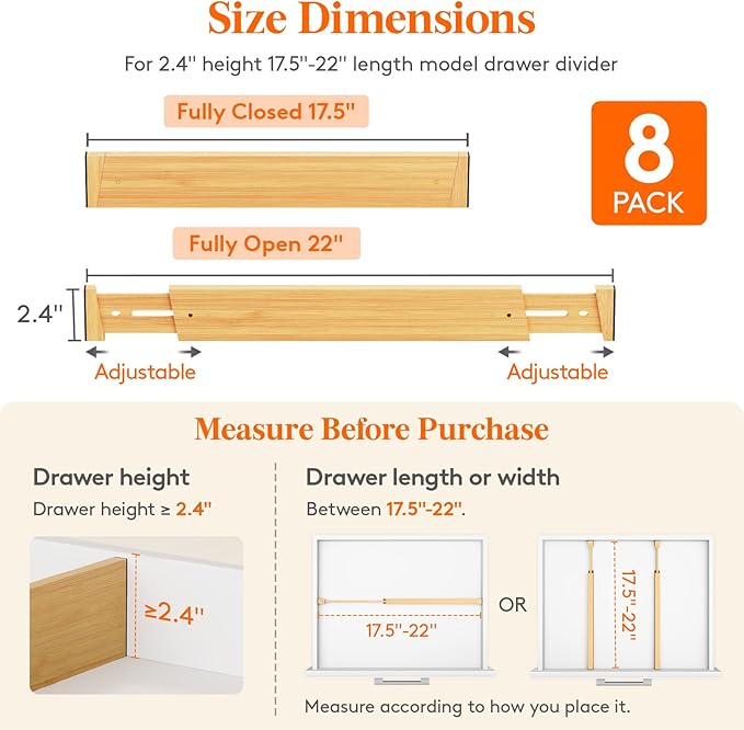 2.4" High 8 Pack Bamboo Drawer Dividers 45-55cm/17.5-22" Adjustable Wooden