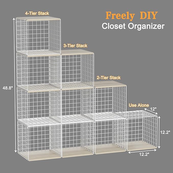 Hencawima 4 Pack Closet Organizers and Storage with Wood Top, Stackable Closet Shelf Organizer, Double Storage Design, Clothes Storage Basket/Cube Organizer for Wardrobe, Sturdy, White