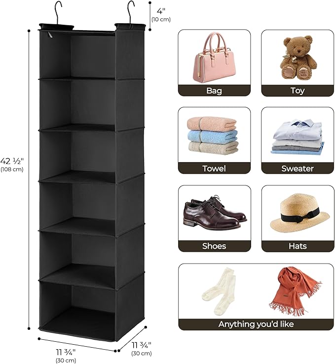 SAYS 6 Shelf Hanging Closet Organizers and Storage, Black