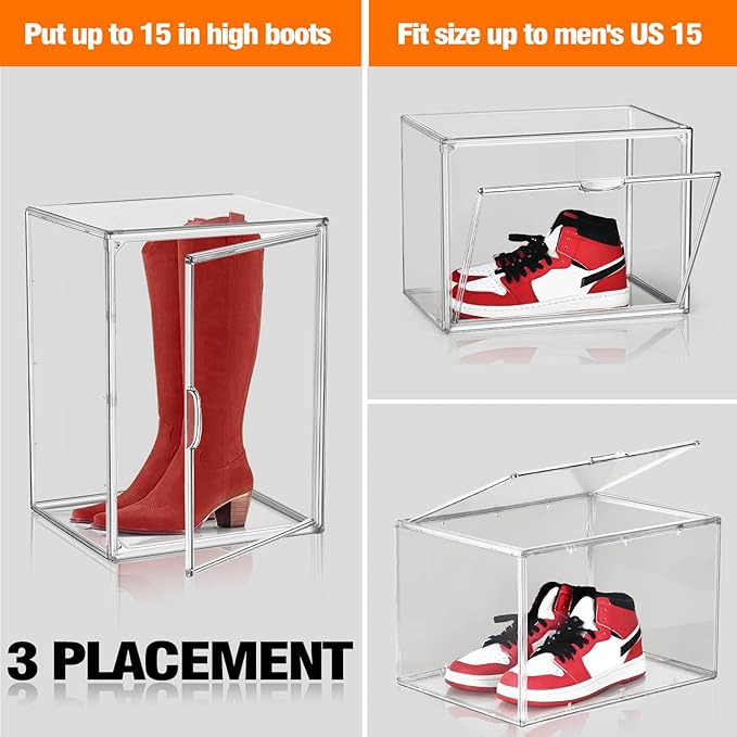 XX-Large Acrylic Display Case for Boots and Collectibles, Clear Stackable Boot Storage Box with Magnetic Door, XXL Shoe Storage Organizer for Cowboy Boots, Barbie Dolls, Hats and Display Items