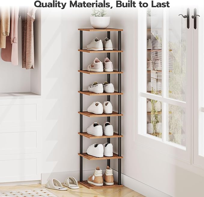 HOOBRO Vertical Shoe Rack, 8-Tier Narrow Shoe Shelf, Shoe Storage Organizer for Small Space, 11" L x 11" W x 53" H, Closet, Entryway, Hallway, Bedroom, Rustic Brown and Black BF22XJ01