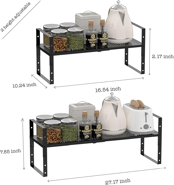 Multi-Functional Metal Shoe Rack,Expandable Adjustable Stackable Kitchen Organizer,Metal Shelf risers for cabinets, Kitchens and Closet, Bathroom(2Packs/Black/Large)