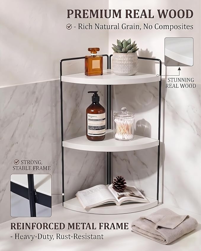 3-Tier Corner Bathroom Countertop Organizer, Solid Pine Wood Vanity Corner Shelf for Skincare & Makeup, Waterproof Standing Rack for Bathroom, Vanity, Kitchen & Dresser, Large 15.7"H, White