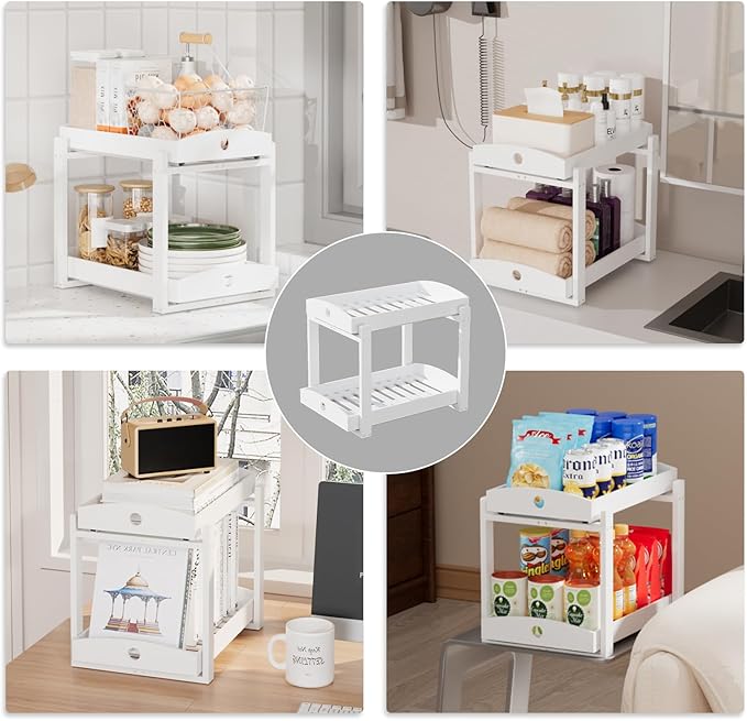 Bamboo Wood Under Sink Organizer 1 Pack, White, 2 Packs
