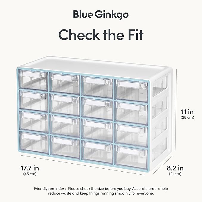 Blue Ginkgo Medium 16-Drawer Cabinet, Made in Korea, Blue