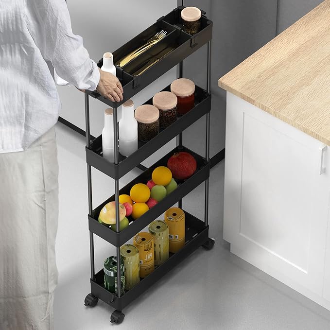 Slim Storage Cart 4 Tier, Bathroom Organizer Rolling Utility, Black