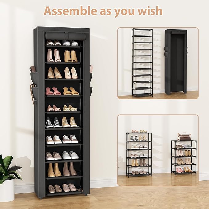 VTRIN Vertical Narrow Shoe Rack Organizer 10 Tier Tall Shoe Shelf Holds 20-22 Pairs with Non-Woven Dustproof Cover for Closet, Entryway Black