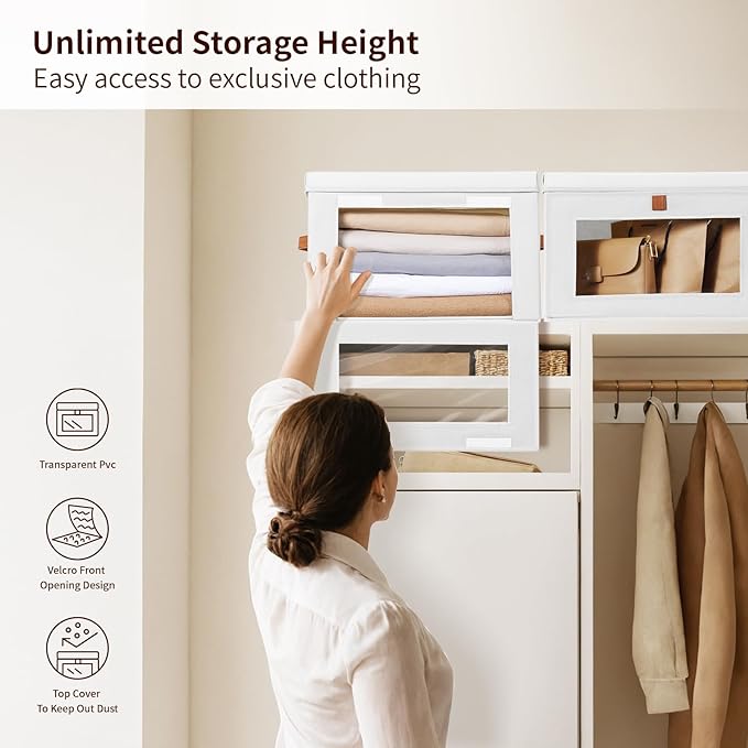 Homsorout Large Clothing Storage Bins - Collapsible Boxes with Handles & Window, Decorative Organizer Bins with Lids, Fabric Containers for Living Room, Dorm, 2 Pack, White