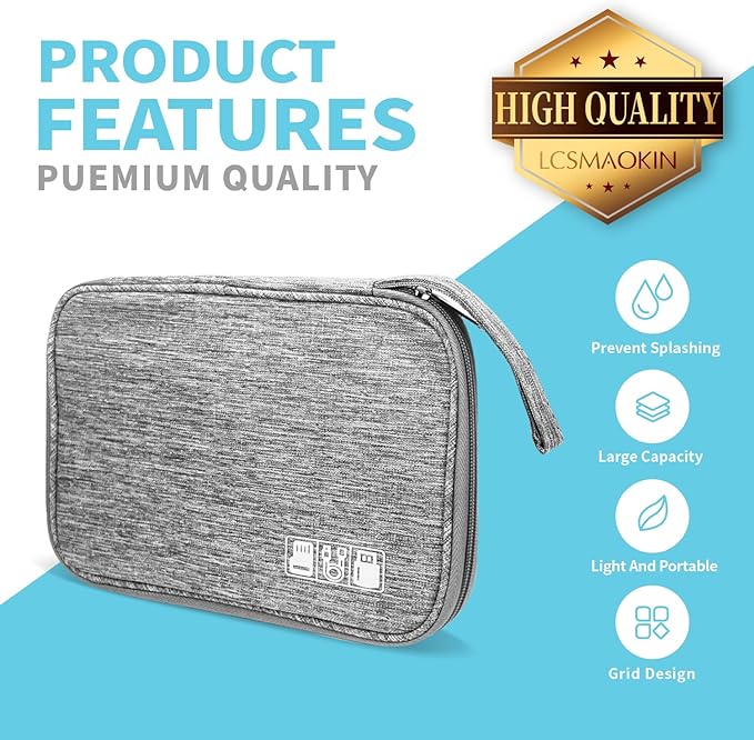 Lcsmaokin Electronics Organizer Travel Case,Electronic Accessories Storage Bag,Portable Waterproof Cable Organizer Bag,with 5 Cable Ties，for Travel,Work-Grey