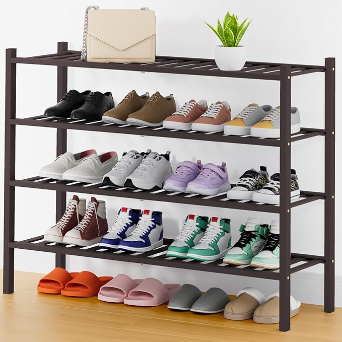 Smiry Long Bamboo Shoe Rack, 4 Tier Free Standing Wooden Shoe Organizer, Stackable Wood Shoe Storage Shelf for Closet, Entryway, 14 Vertical Slats, 2+2 Stack Heavy-Duty Legs, 33.7"x11"x26", Brown