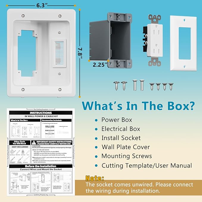 TV Cord Hider & in-Wall Cable Management Kit, Dual Outlet Connection Box (Unwired) with Cutting Template, Perfect for Wall Mounted TVs