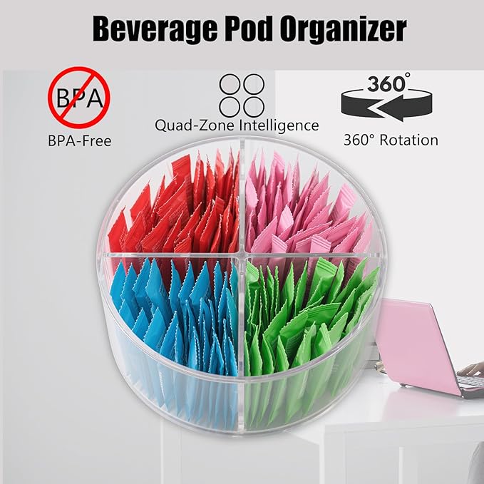 360° Spinning Drink Packet Organizer, Clear BPA-Free Plastic 4-Section Clear Storage for Coffee, Sugar & Drink Mixes | Stackable Kitchen & Pantry Container