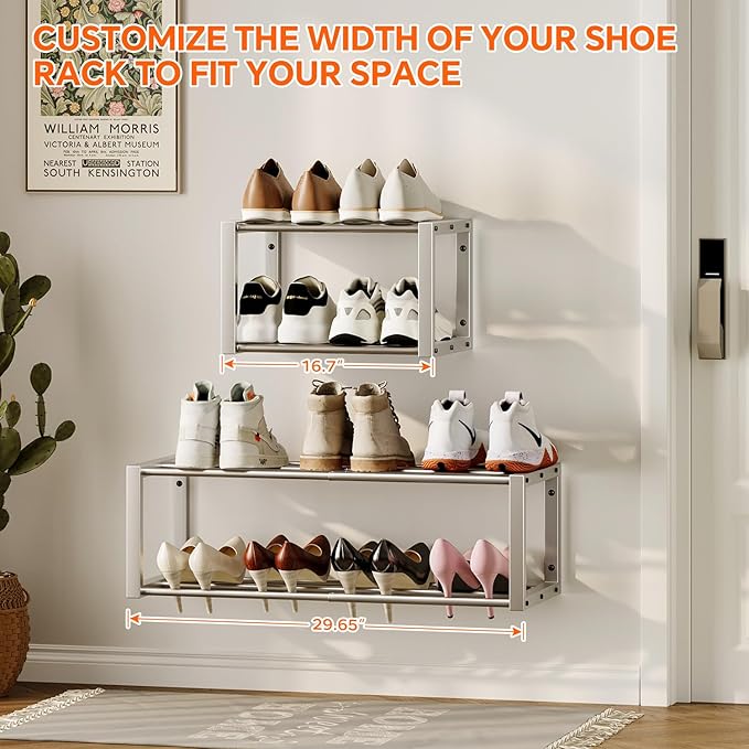 Hanging Shoe Organizer, 2 Pack Wall Mounted Shoe Rack Holds 12 Pairs, Silver