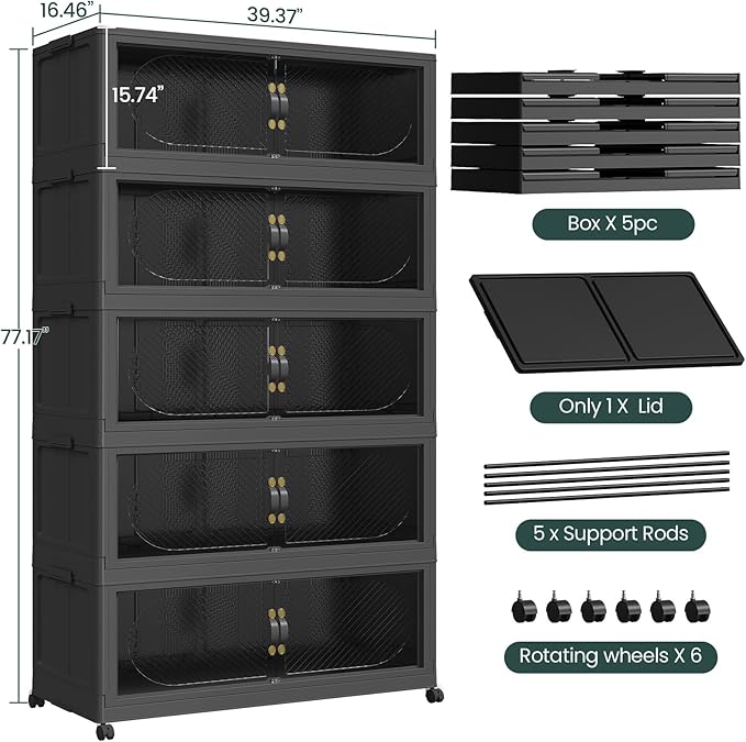 400Gal/1600QT 5-Tiers Extra Large Stackable Storage Bins with Lid, Collapsible Cabinet Closet Organizer Plastic Container Box with Wheels Doors Drawers for Office Dorm Kitchen, Black