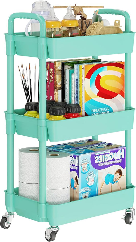 3-Tier Rolling Cart with Wheels, Multifunction Utility Storage Carts, Green