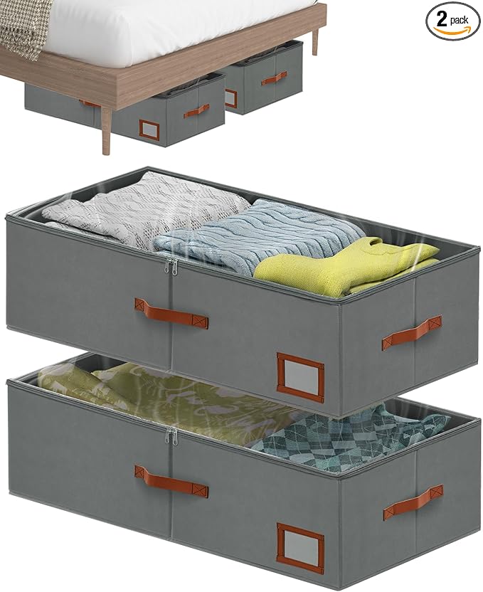 10 Inch Under Bed Storage Containers, 2 Pack Large Underbed Storage Bins w/Clear Lid & Sturdy Sidewall, Foldable Closet Organizer for Dorms, Bedroom, Clothes, Shoes, Bed Sheets, Blankets (Grey)