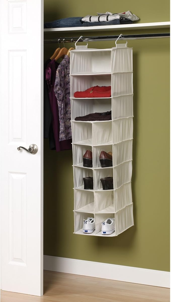 Household Essentials Hanging Shoe Organizer, Natural Canvas, Clothes Storage, 10 Pockets and 3 Shelves, Collapsible, Cream