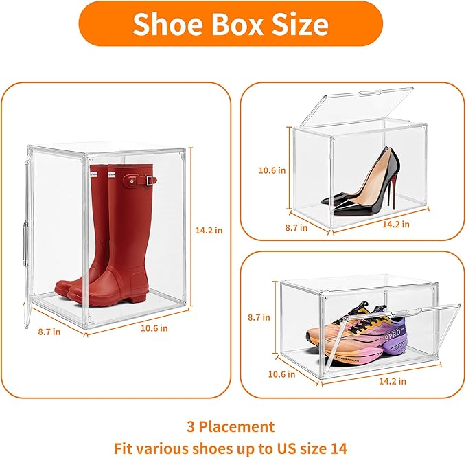 2 Pack Clear Acrylic Sneaker Shoe Display Case,Shoe Storage Boxes Stackable,Acrylic Boxes for Shoes Display with Lid,Boot Storage Organizer for Tall Boot,Purse Handbag Organizer for Closet