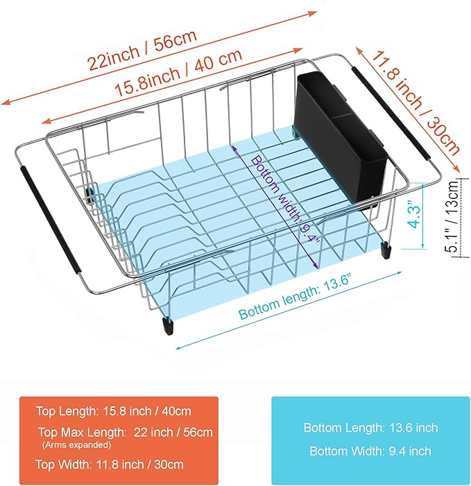 Expandable Multifunctional Dish Drying Rack, Rustproof Stainless Organizer