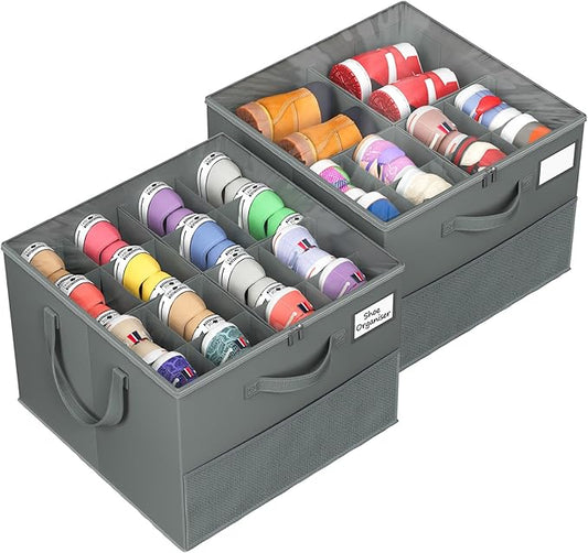 2 Pack Shoe Organizer for Closet, Large Shoe Box Storage Containers, Gray
