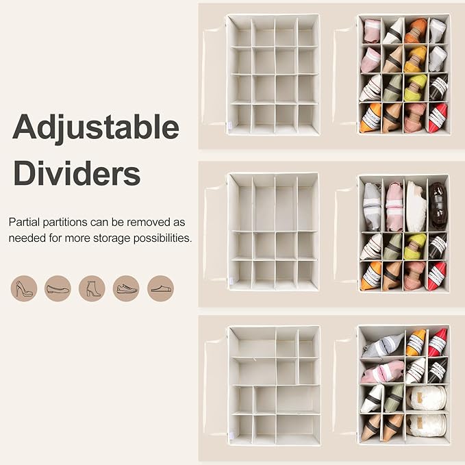 TOPIA HOME Shoe Organizer for Closet 2 Pack, Foldable Shoe Box with Adjustable Dividers and Clear Cover, Space Saving Shoe Storage Organizer Cabinet with Reinforced Handles, Fits 32 Pairs Beige TP12Y