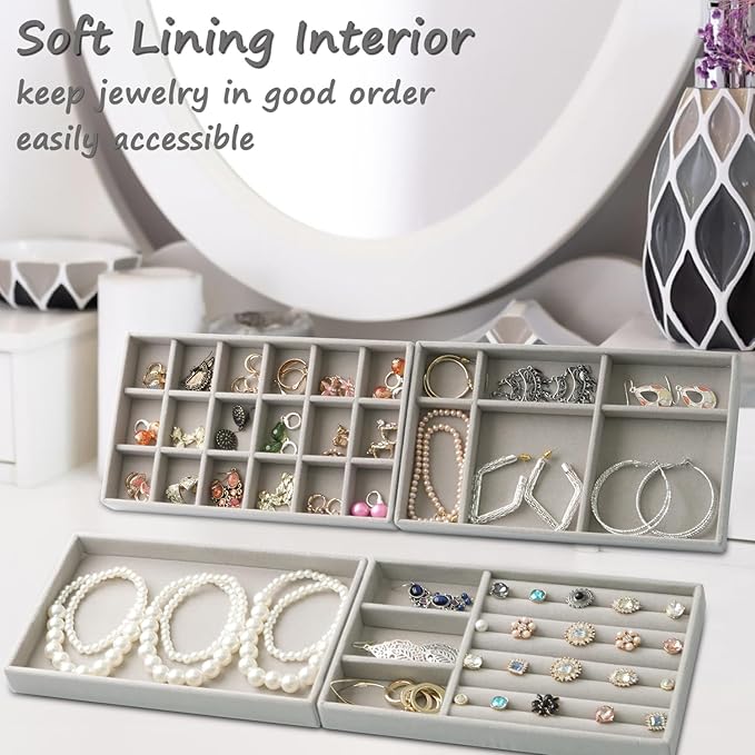 8 Set Jewelry Organizer for Drawer Velvet Jewelry Trays, Jewelry Trays for Drawers Easy To Store Your Jewelry Storage Display Tray for Earring Necklace Rings Bracelet (Grey)