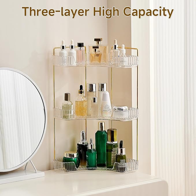 Ceruaxb 3-Tier Corner Bathroom Counter Organizer, Plastic Countertop Makeup Organizer, Large Capacity Vanity Bathroom Perfume Shelf Rack for Kitchen Office Desktop (Clear)