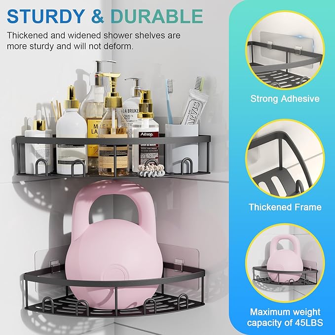 Corner Shower Caddy - Stainless Steel 2 Pack Adhesive Bathroom Organizers and Storage,No Drilling Shower Shelves Rustproof Wall Mounted Shower Organizer Rack,Shower Shelf for Inside Shower(Black)