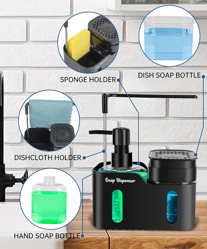 Hand Soap and Dish Soap Dispenser Set for Kitchen, Dual Soap Dispenser with Sponge Holder and Dishcloth Holder 4-in-1 Organizer for Kitchen Sink Countertop, Useful Kitchen Gadgets (Black)